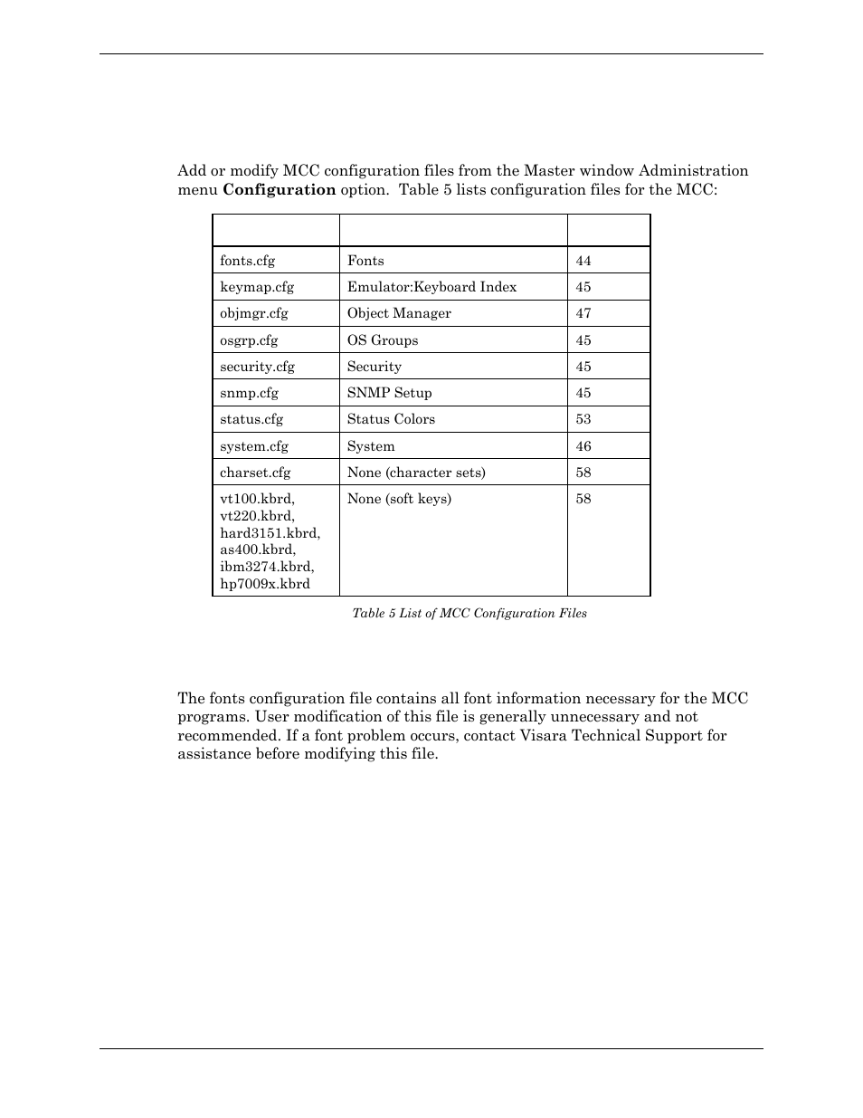 Mcc configuration files, Fonts.cfg: font configuration, Table 5 list of mcc configuration files | Visara Master Console Center Administration Guide User Manual | Page 44 / 233