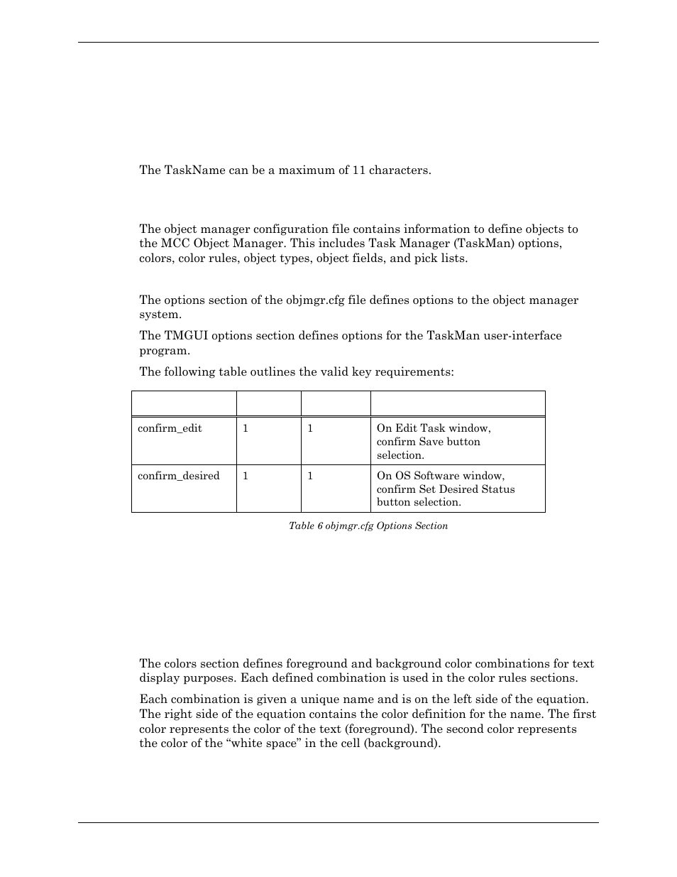 Objmgr.cfg: object manager, Options section, Example | Colors section, Table 6 objmgr.cfg options section | Visara Master Console Center Administration Guide User Manual | Page 47 / 233