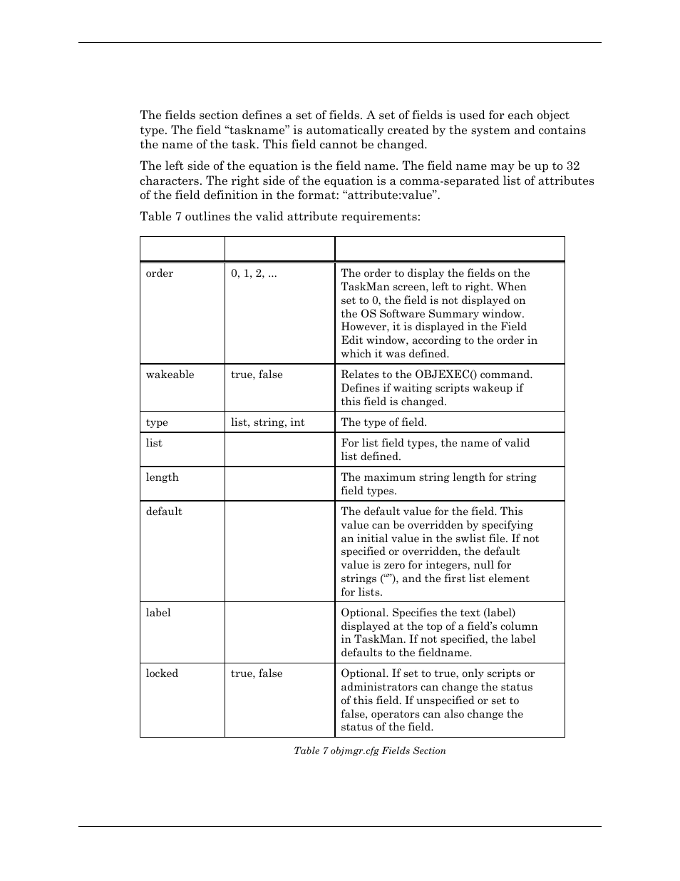 Fields section, Table 7 objmgr.cfg fields section | Visara Master Console Center Administration Guide User Manual | Page 50 / 233