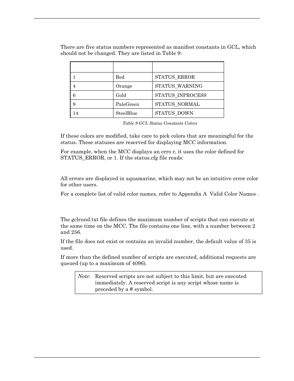 Gcl status constants, Table 9 gcl status constants colors | Visara Master Console Center Administration Guide User Manual | Page 55 / 233