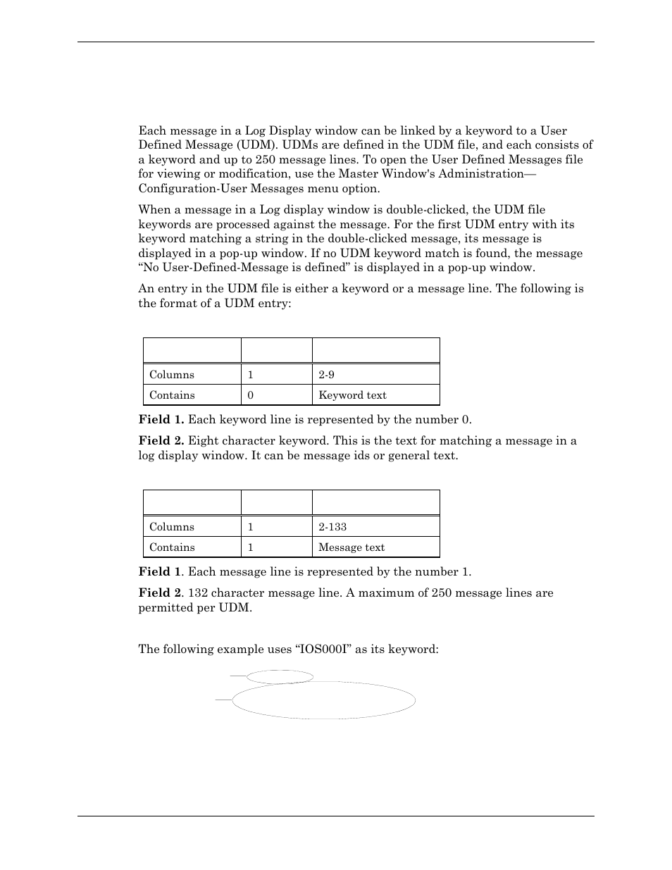 User defined message file, Keyword, Message | Example | Visara Master Console Center Administration Guide User Manual | Page 57 / 233