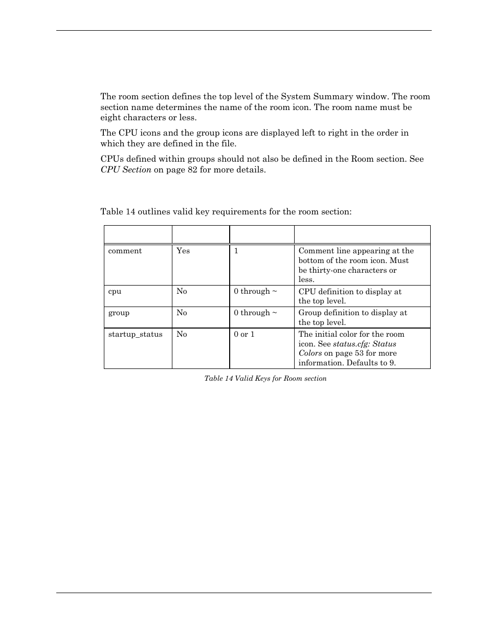 Room section, Valid keys, Example | Valid keys example, Table 14 valid keys for room section | Visara Master Console Center Administration Guide User Manual | Page 80 / 233