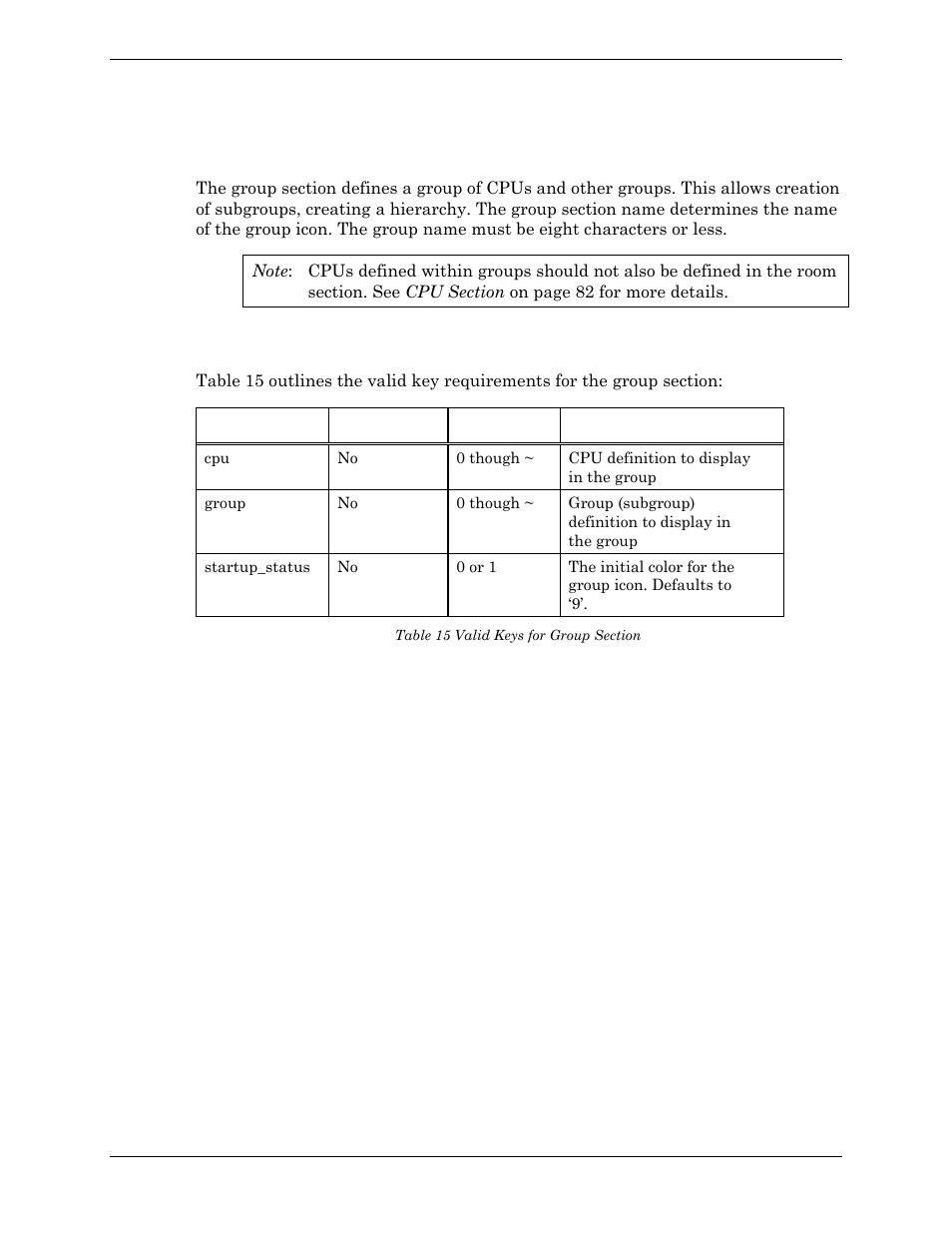 Group section, Valid keys, Example | Valid keys example, Table 15 valid keys for group section | Visara Master Console Center Administration Guide User Manual | Page 81 / 233