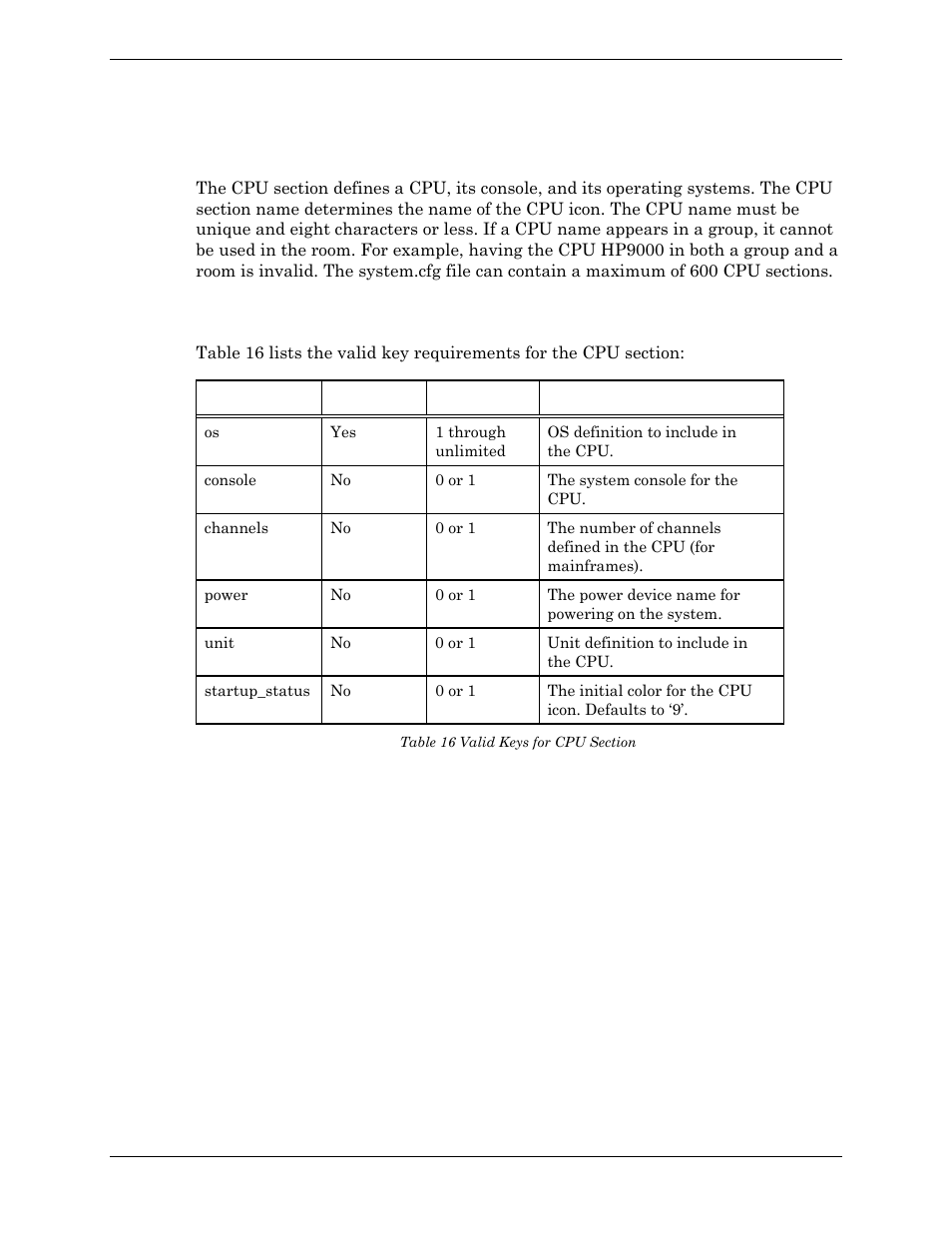 Cpu section, Valid keys, Example | Valid keys example, Table 16 valid keys for cpu section | Visara Master Console Center Administration Guide User Manual | Page 82 / 233