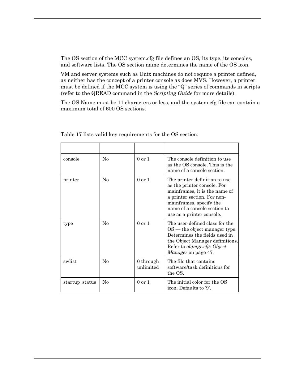 Os section, Valid keys | Visara Master Console Center Administration Guide User Manual | Page 84 / 233