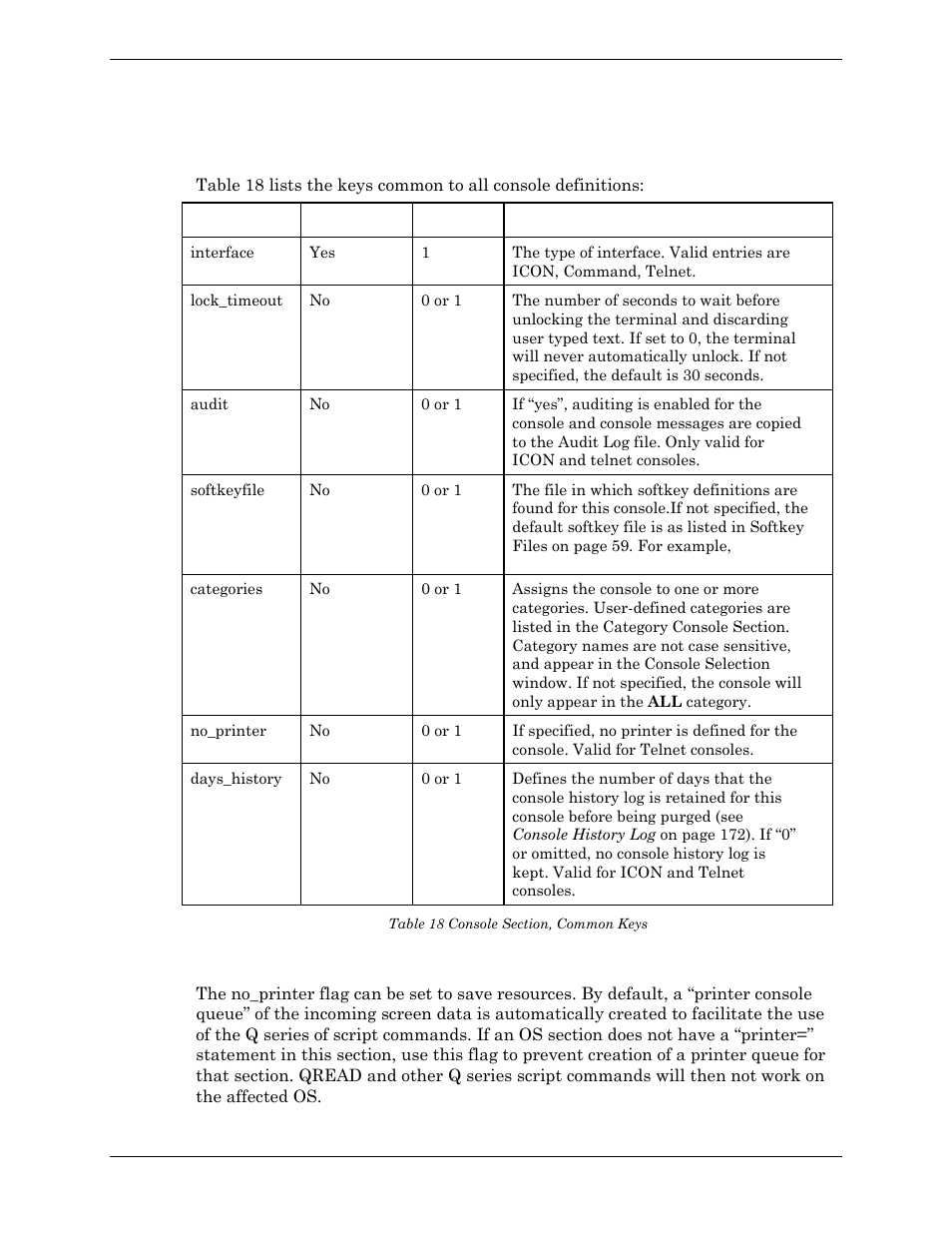 Common console section keys, No_printer key values, Table 18 console section, common keys | Visara Master Console Center Administration Guide User Manual | Page 89 / 233