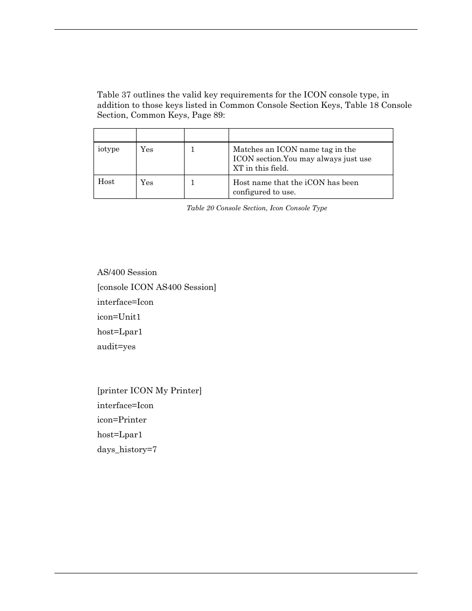 Icon console type, Examples, Example as/400 printer | Table 20 console section, icon console type | Visara Master Console Center Administration Guide User Manual | Page 91 / 233