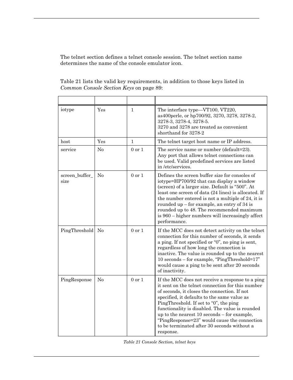 Telnet console type, Valid keys, Table 21 console section, telnet keys | Visara Master Console Center Administration Guide User Manual | Page 92 / 233