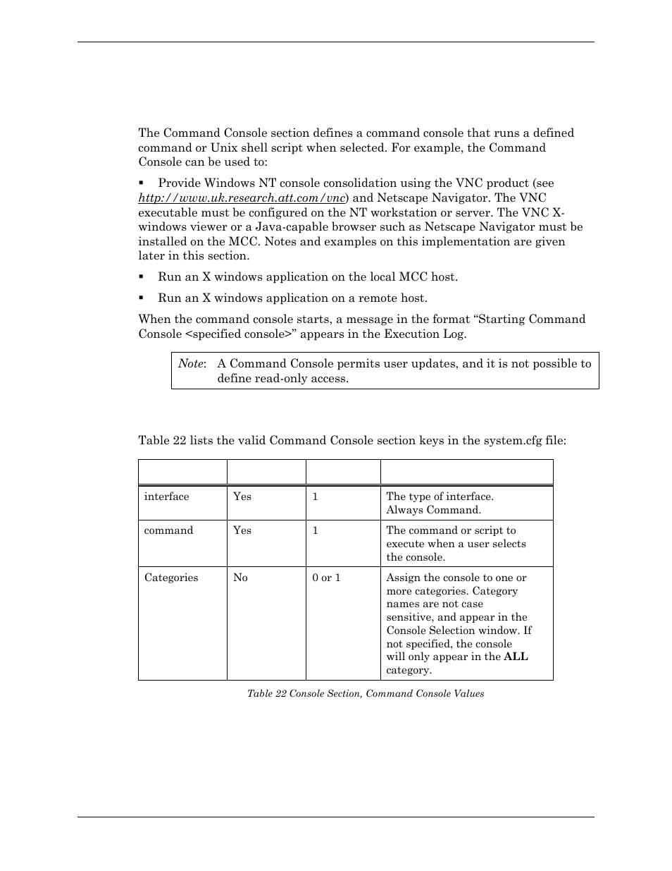 Command console, Valid keys, Table 22 console section, command console values | Visara Master Console Center Administration Guide User Manual | Page 96 / 233