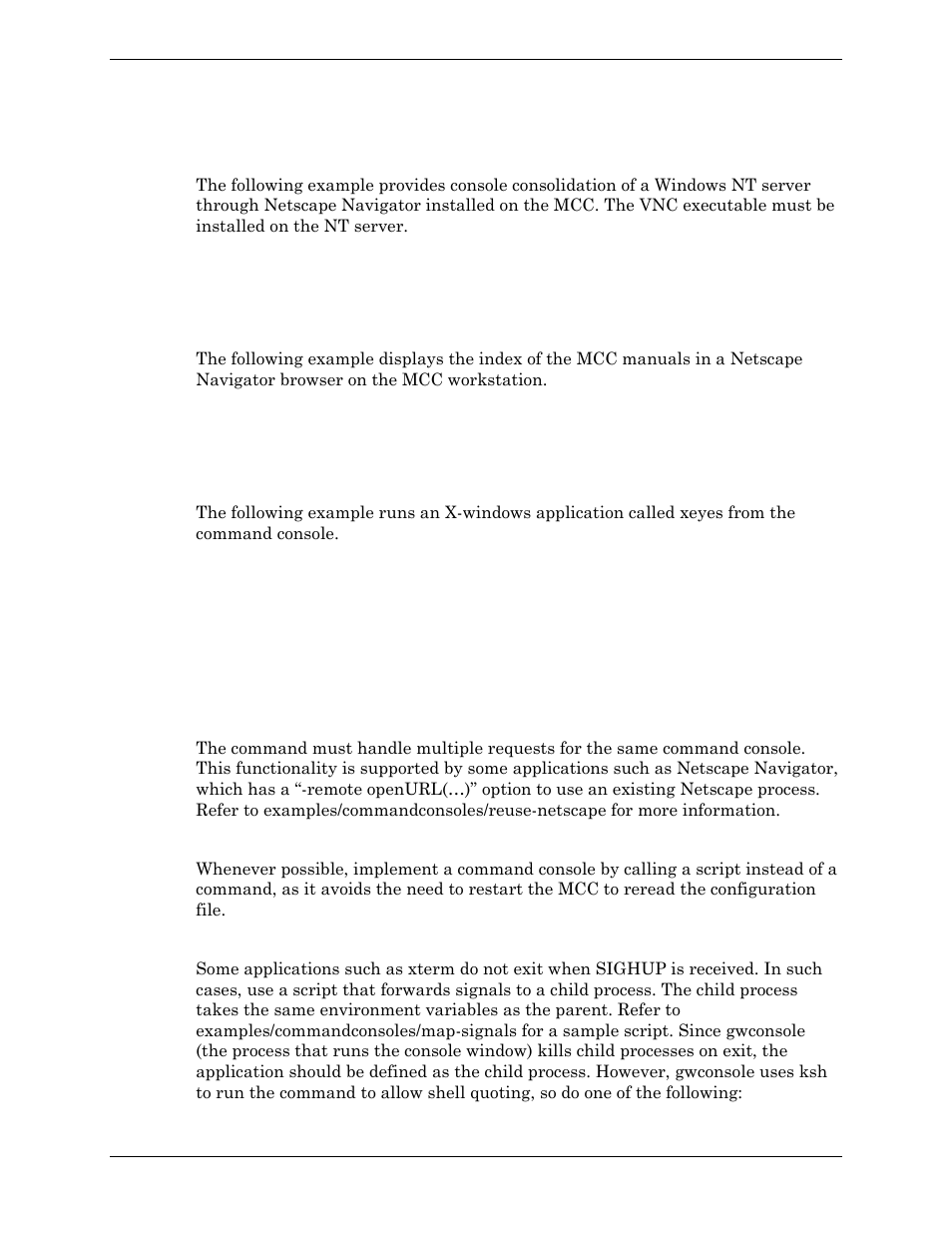 Examples, Recommendations on command console implementation, Using running applications | Using scripts, Signal handling | Visara Master Console Center Administration Guide User Manual | Page 97 / 233