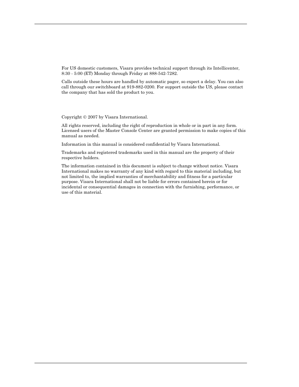 Technical support, Contacting the visara intellicenter, Notices | Visara Master Console Center Troubleshooting Guide User Manual | Page 2 / 18