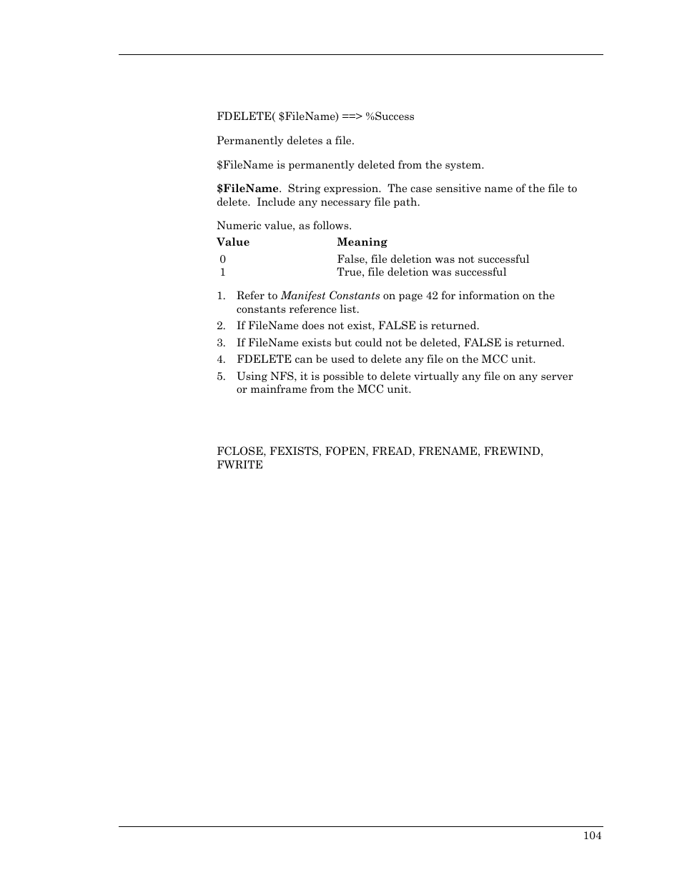 Fdelete, Fdelete, fexists, fopen | Visara Master Console Center Scripting Guide User Manual | Page 104 / 262