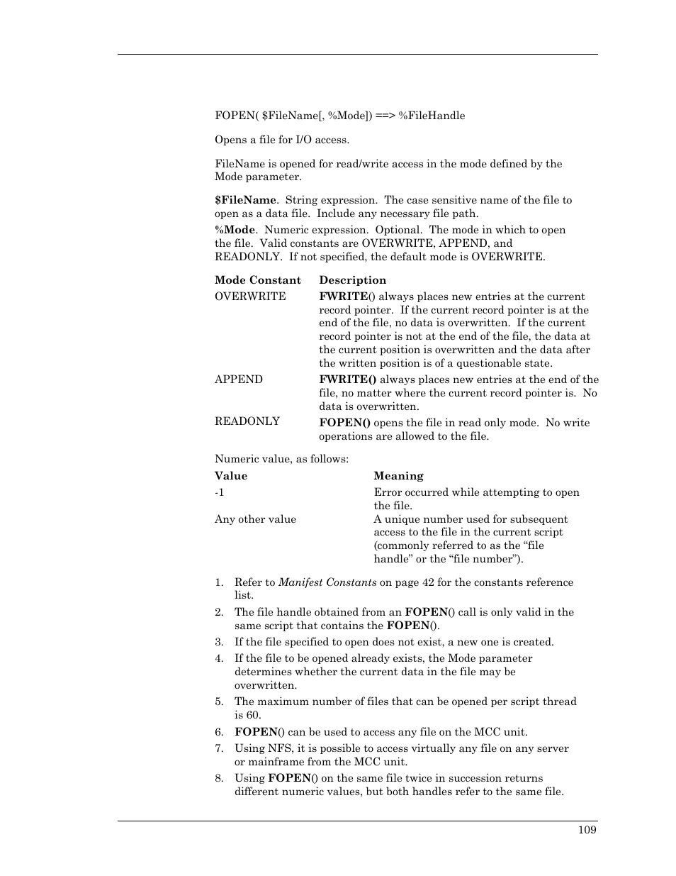 Fopen, Fopen, fread, frename | Visara Master Console Center Scripting Guide User Manual | Page 109 / 262