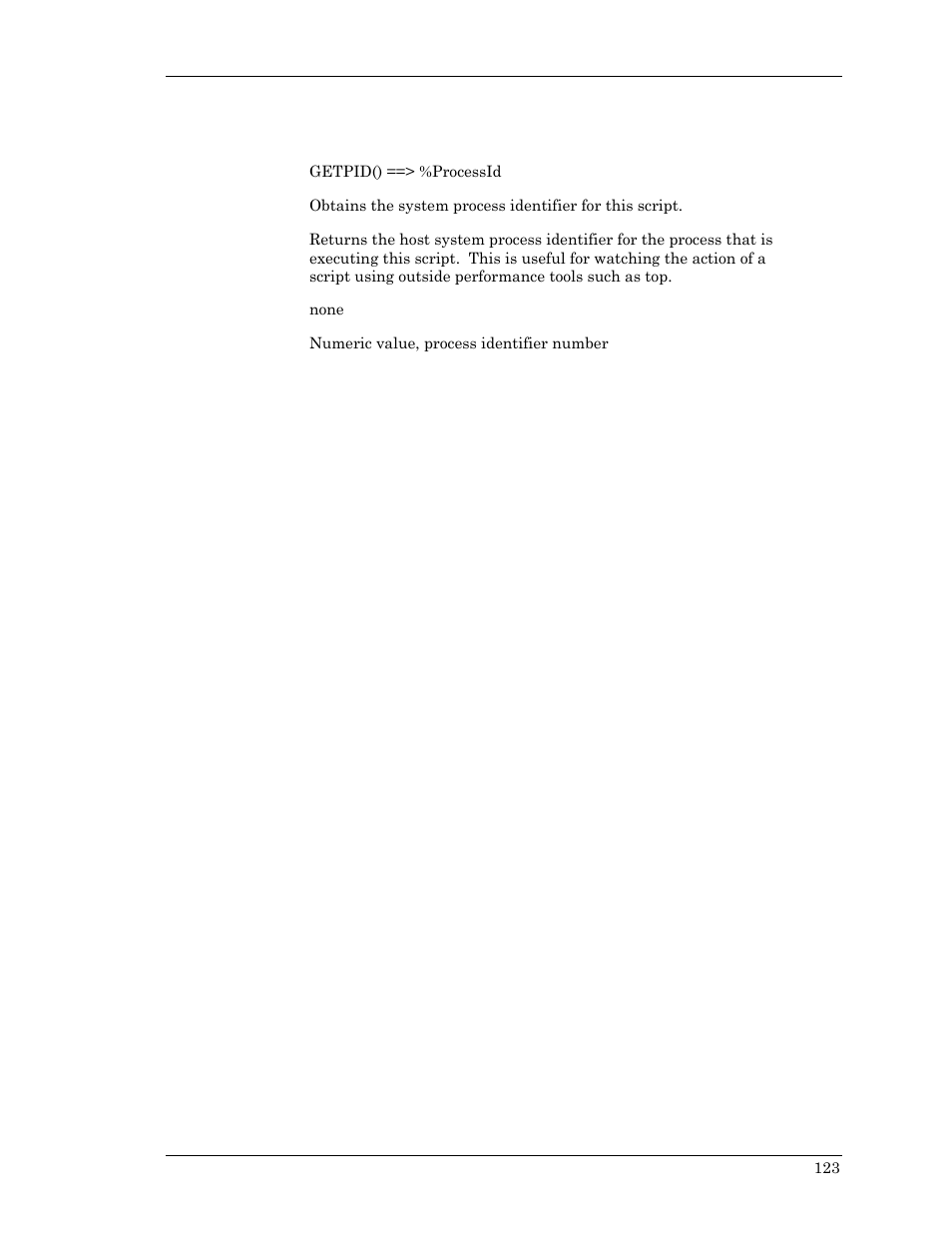 Getpid | Visara Master Console Center Scripting Guide User Manual | Page 123 / 262