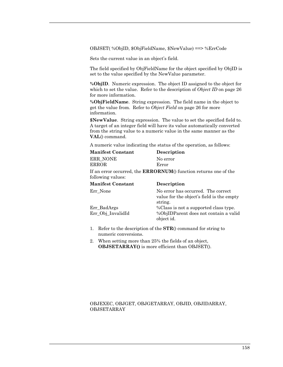 Objset, Jset, Bjset | Jset, ob, Set, objs | Visara Master Console Center Scripting Guide User Manual | Page 158 / 262