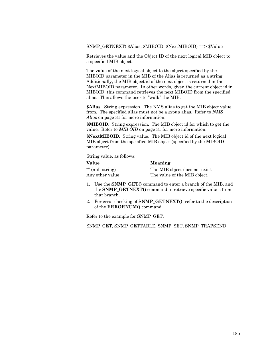 Snmp_getnext, Snmp_getnext, sn | Visara Master Console Center Scripting Guide User Manual | Page 185 / 262