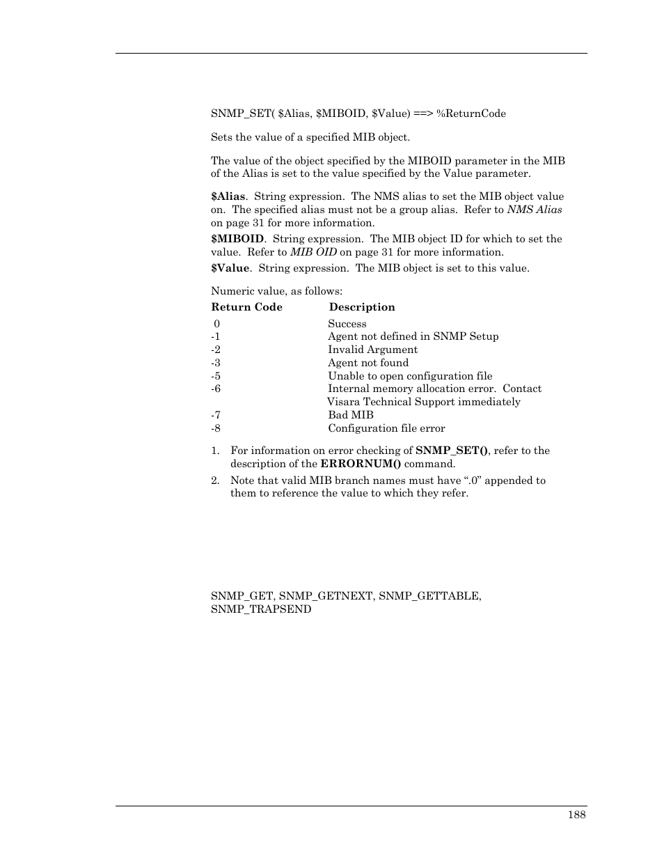 Snmp_set, Snmp_set, snmp, Snmp_set, snmp_t | Mp_set, snmp | Visara Master Console Center Scripting Guide User Manual | Page 188 / 262