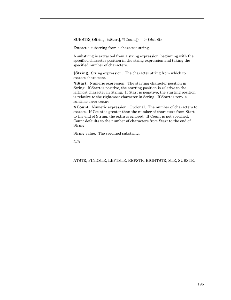 Substr | Visara Master Console Center Scripting Guide User Manual | Page 195 / 262