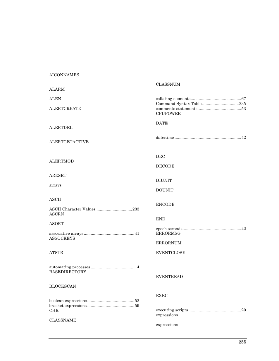 Index | Visara Master Console Center Scripting Guide User Manual | Page 255 / 262