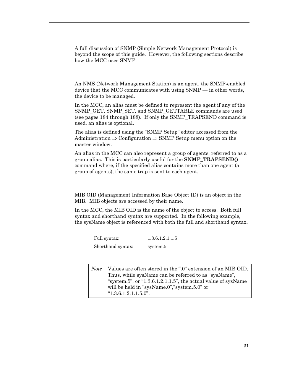 Snmp, Nms alias, Mib oid | Nms alias mib oid | Visara Master Console Center Scripting Guide User Manual | Page 31 / 262