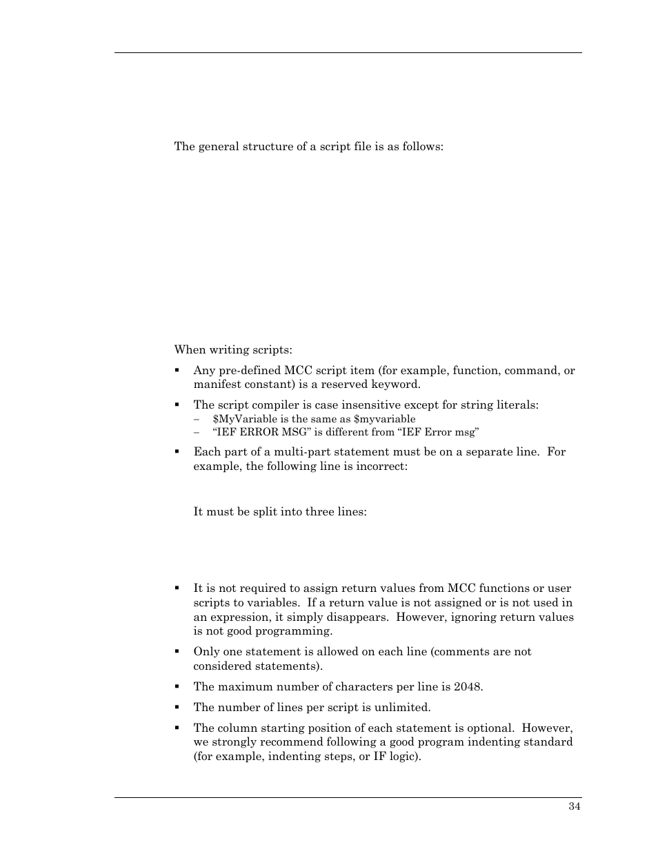 General script syntax information, General syntax of a script, Structuring a script | General syntax of a script structuring a script | Visara Master Console Center Scripting Guide User Manual | Page 34 / 262