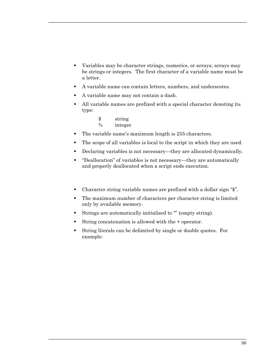 Variables, Using and naming variables, Character string variables | Visara Master Console Center Scripting Guide User Manual | Page 36 / 262