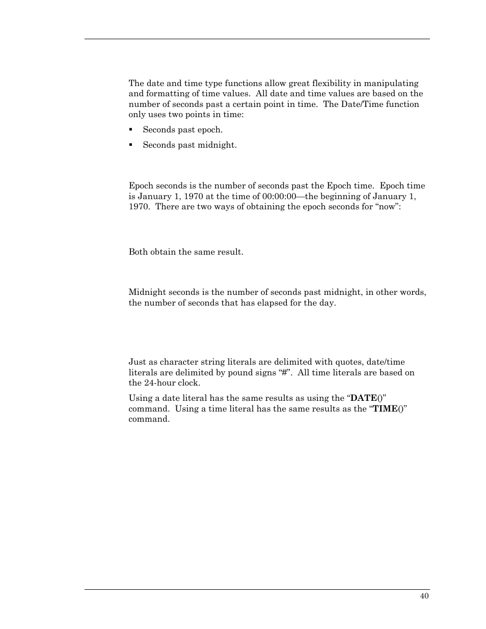 Date/time, Epoch seconds, Midnight seconds | Date and time literals | Visara Master Console Center Scripting Guide User Manual | Page 40 / 262