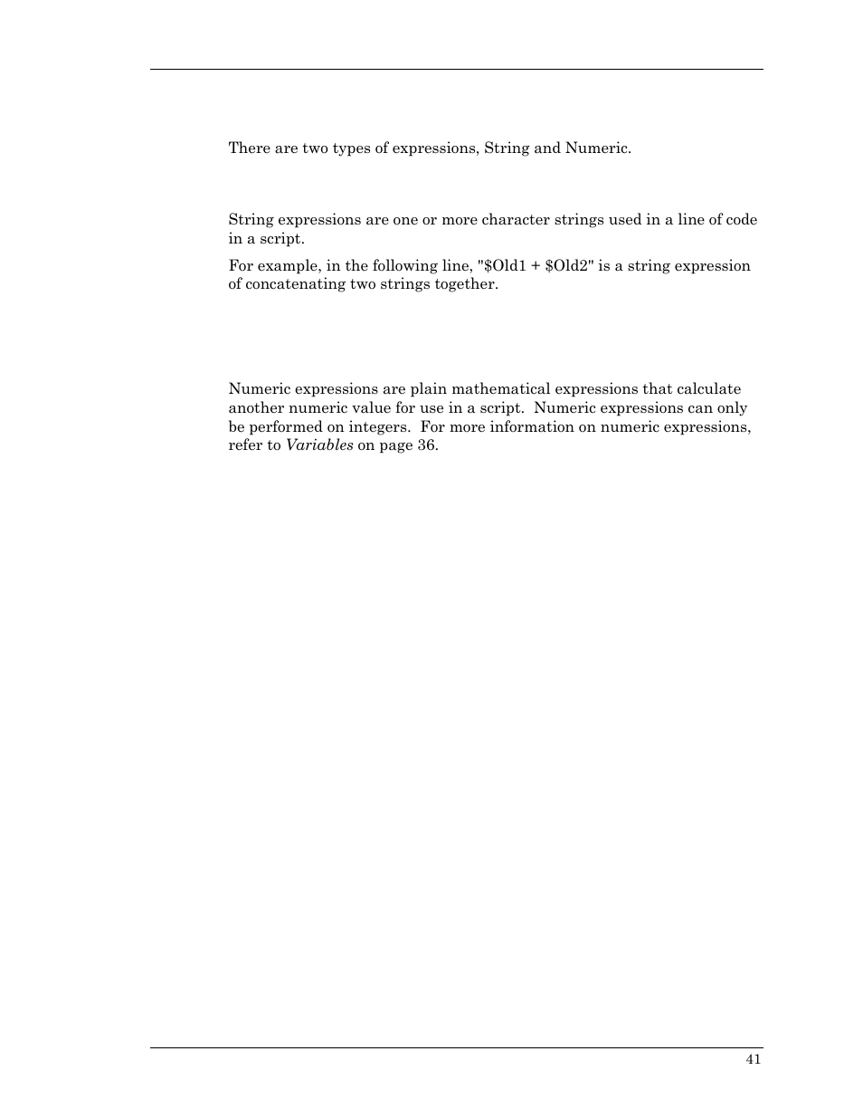 Expressions, String expressions, Numeric expressions | String expressions numeric expressions | Visara Master Console Center Scripting Guide User Manual | Page 41 / 262