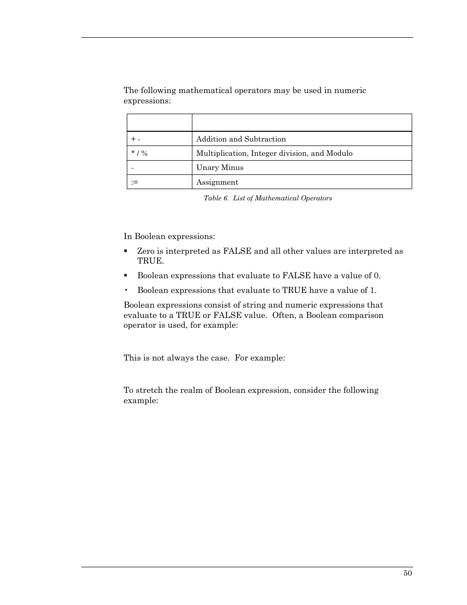 Operators, Mathematical, Boolean | Mathematical boolean, Table 6. list of mathematical operators | Visara Master Console Center Scripting Guide User Manual | Page 50 / 262