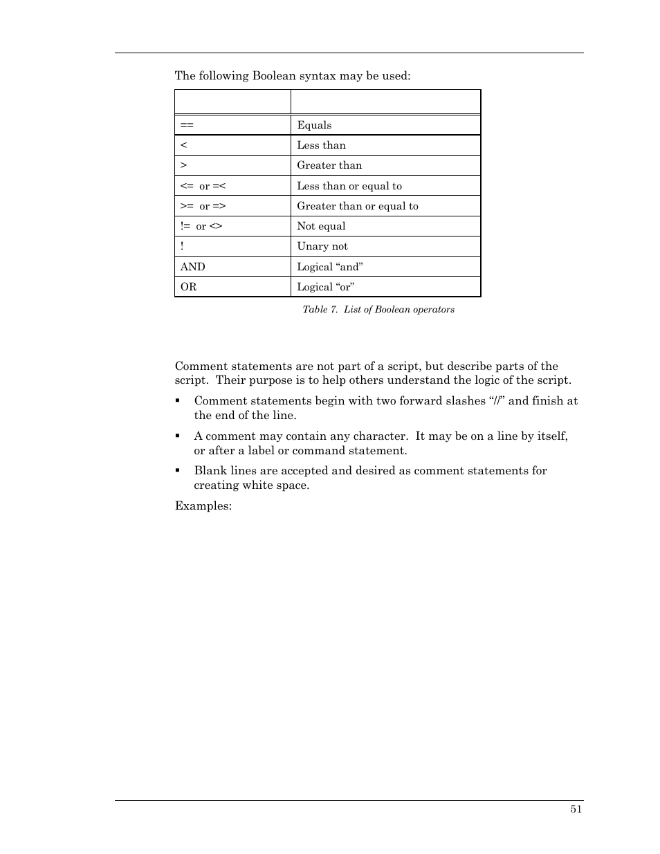 Comment statements, Table 7. list of boolean operators | Visara Master Console Center Scripting Guide User Manual | Page 51 / 262