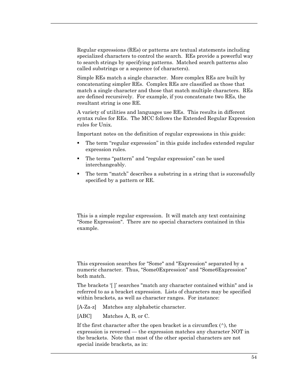 Regular expressions, Simple regular expressions, Bracket expressions | Simple regular expressions bracket expressions | Visara Master Console Center Scripting Guide User Manual | Page 54 / 262