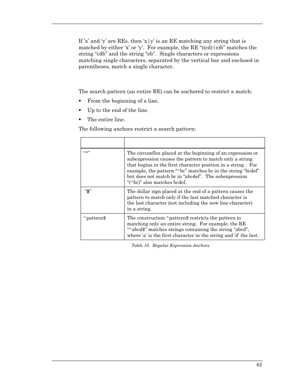 Alternation, Expression anchors—restricting what patterns match, Table 10. regular expression anchors | Visara Master Console Center Scripting Guide User Manual | Page 62 / 262