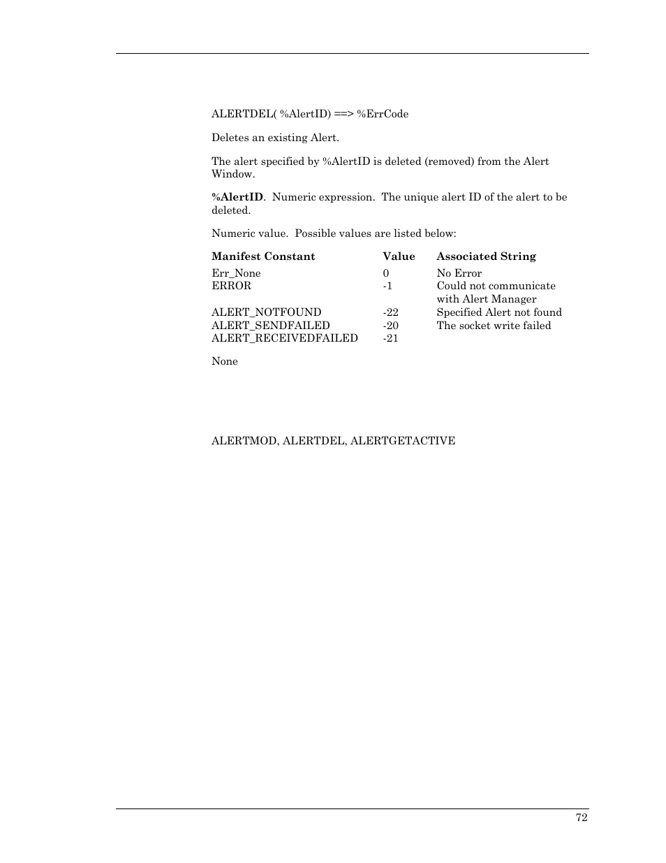 Alertdel | Visara Master Console Center Scripting Guide User Manual | Page 72 / 262