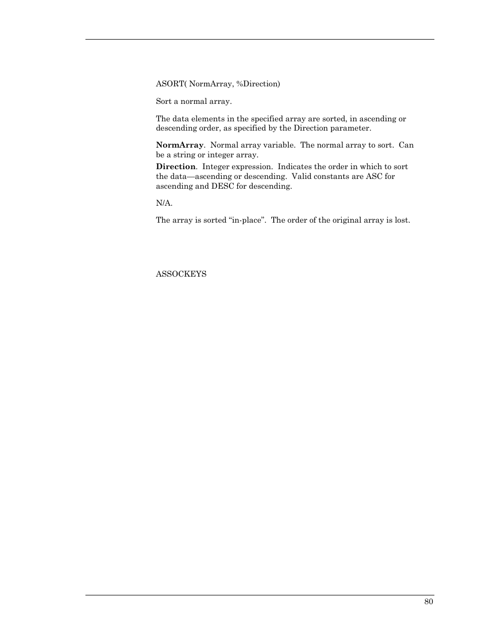 Asort | Visara Master Console Center Scripting Guide User Manual | Page 80 / 262