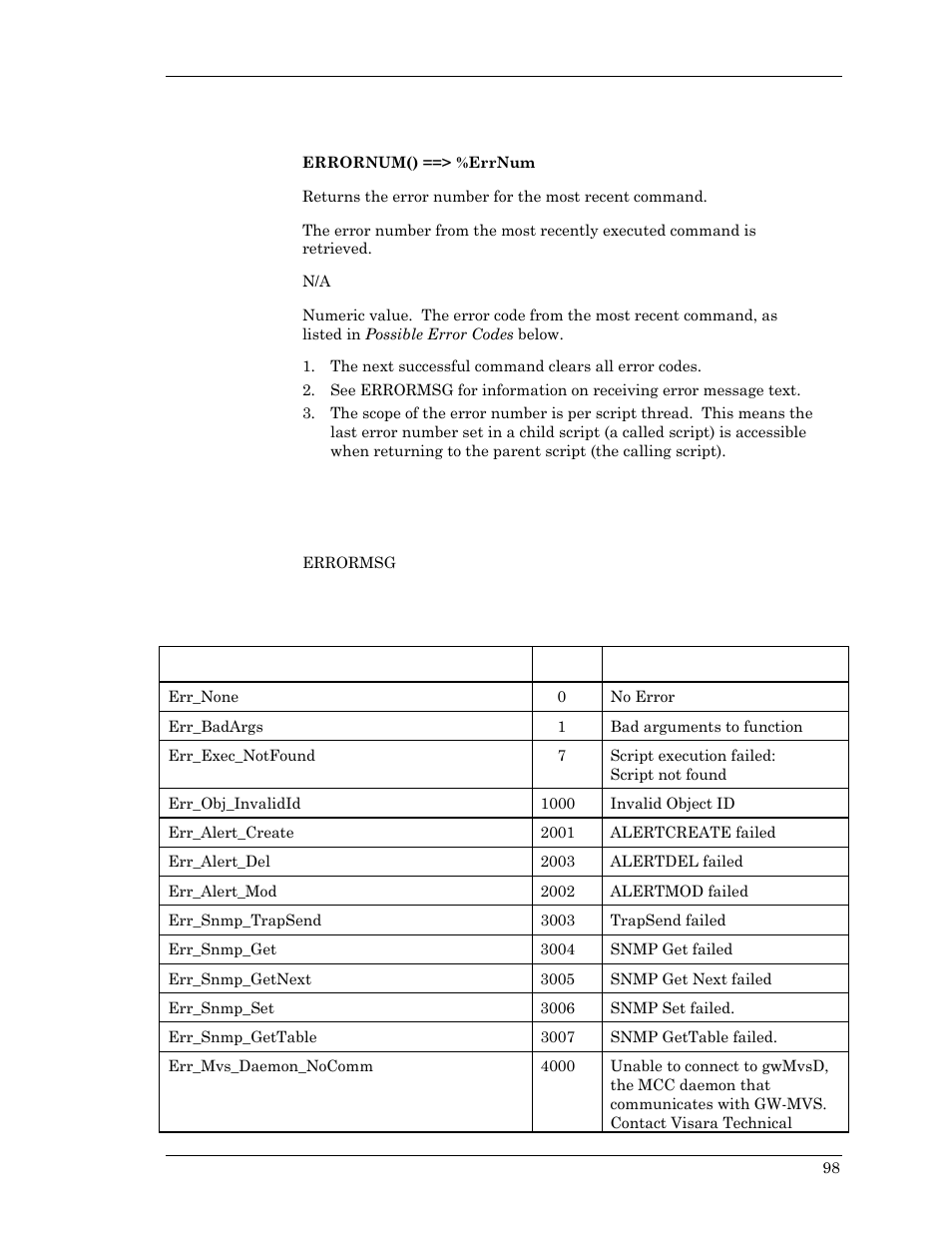 Errornum, Possible error codes | Visara Master Console Center Scripting Guide User Manual | Page 98 / 262