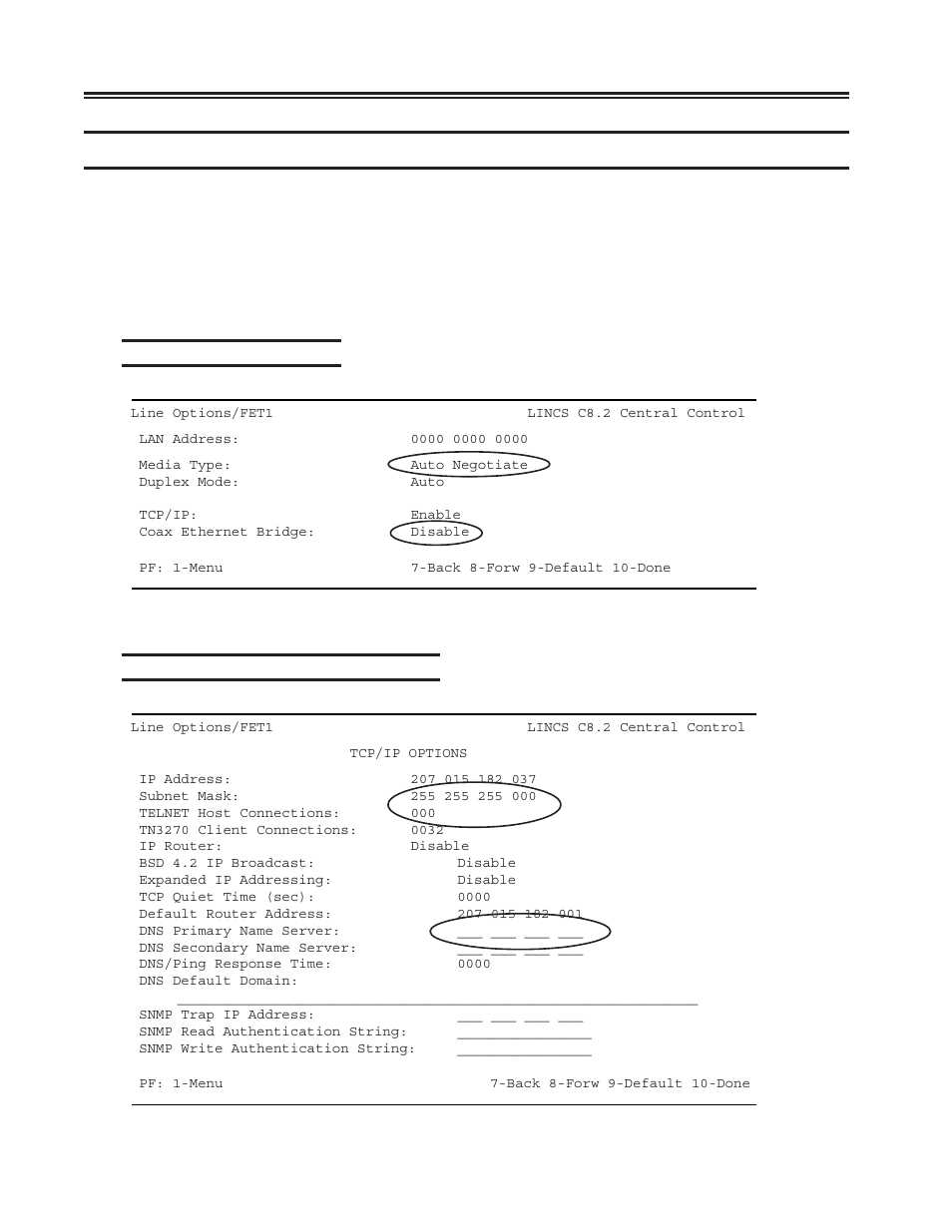 Configuring for telnet or tn3270 host sessions, Line options panel - fet, Line options - tcp/ip options panel | Visara SCON-20L Installation User Manual | Page 46 / 100