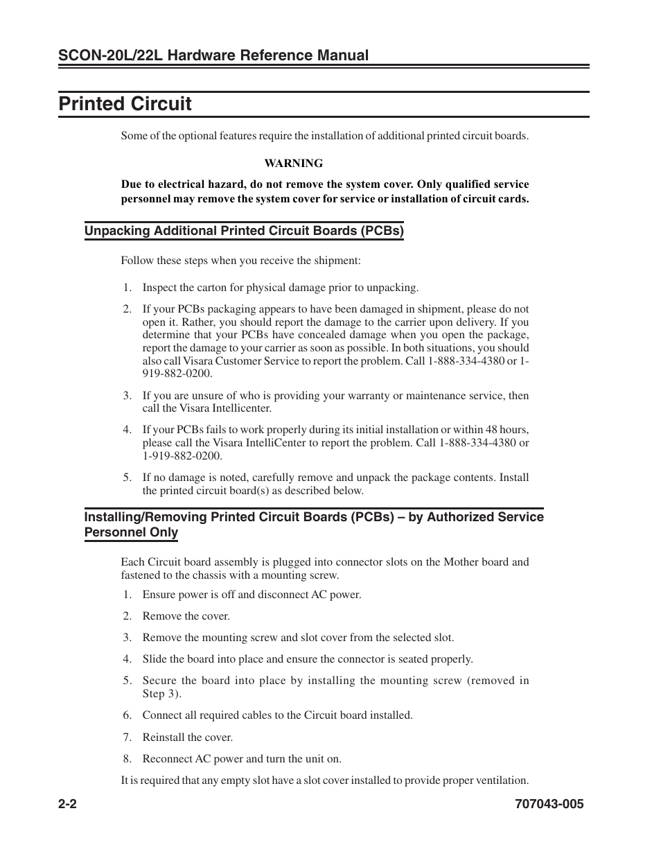 Printed circuit, Unpacking additional printed circuit boards (pcbs), Installing/removing printed circuit boards | Unpacking printed circuit boards, Printed circuit -2 | Visara SCON-20L Reference Manual User Manual | Page 10 / 44