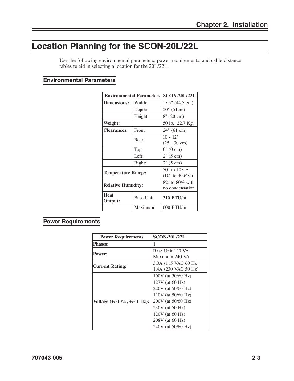Location planning for the scon-20l/22l, Environmental parameters, Power requirements | Location planning for the scon-20l/22l -3, Environmental parameters -3 power requirements -3, Chapter 2. installation | Visara SCON-20L Reference Manual User Manual | Page 11 / 44