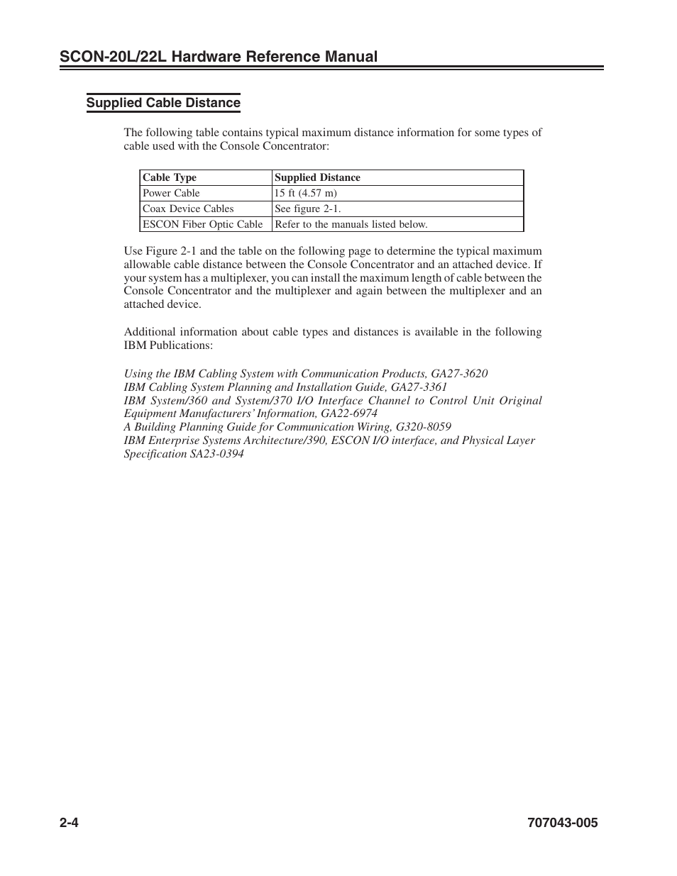 Supplied cable distance, Coax device cables, Fiber optic cable | Power cable, Supplied cable distance -4, Scon-20l/22l hardware reference manual | Visara SCON-20L Reference Manual User Manual | Page 12 / 44