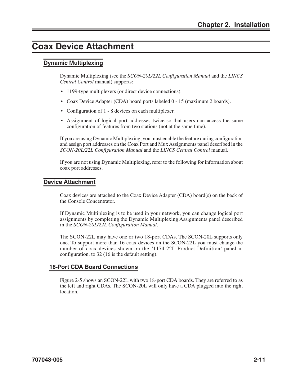 Coax device attachment, Dynamic multiplexing, Device attachment | Coax device attachment -11, Dynamic multiplexing -11 device attachment -11 | Visara SCON-20L Reference Manual User Manual | Page 19 / 44