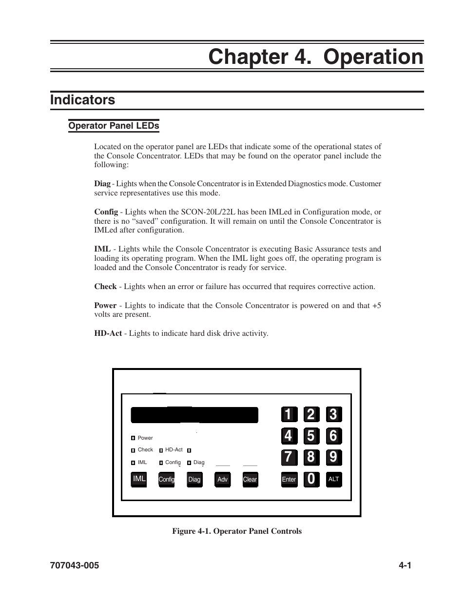 Chapter 4. operation, Indicators, Operator panel leds | Check, Config, Diag, Hd-act, Power, Chapter 4. operation -1, Indicators -1 | Visara SCON-20L Reference Manual User Manual | Page 25 / 44