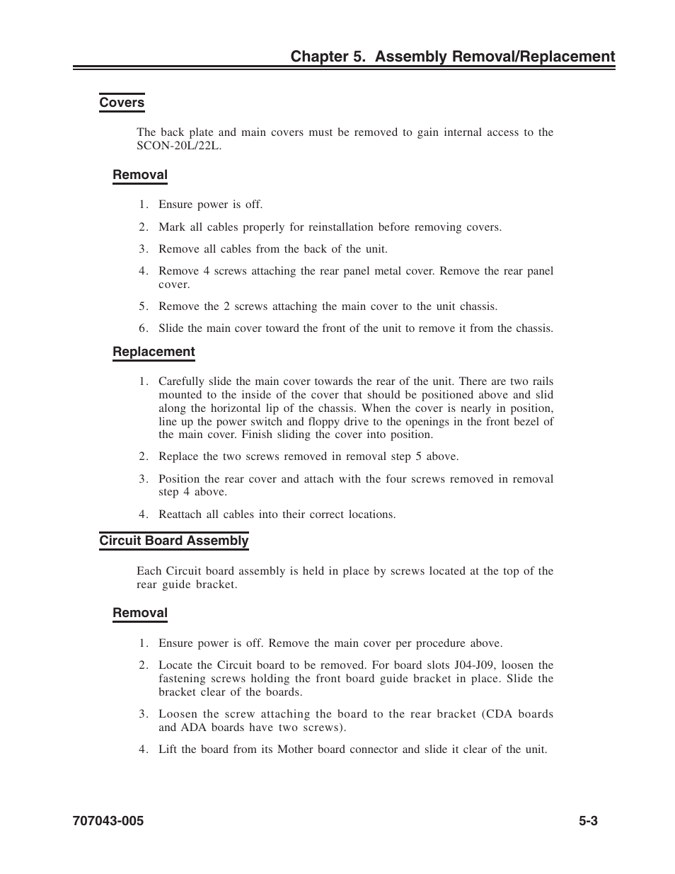 Covers, Circuit board assembly, Covers -3 circuit board assembly -3 | Chapter 5. assembly removal/replacement | Visara SCON-20L Reference Manual User Manual | Page 37 / 44