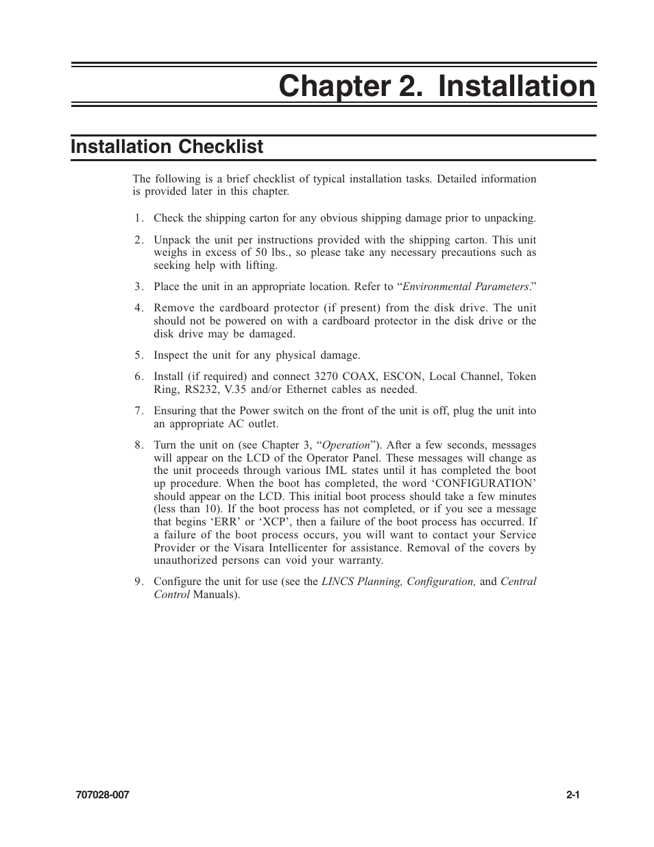 Chapter 2. installation, Installation checklist, Chapter 2. installation -1 | Installation checklist -1 | Visara SCON-25L Reference Manual User Manual | Page 11 / 52