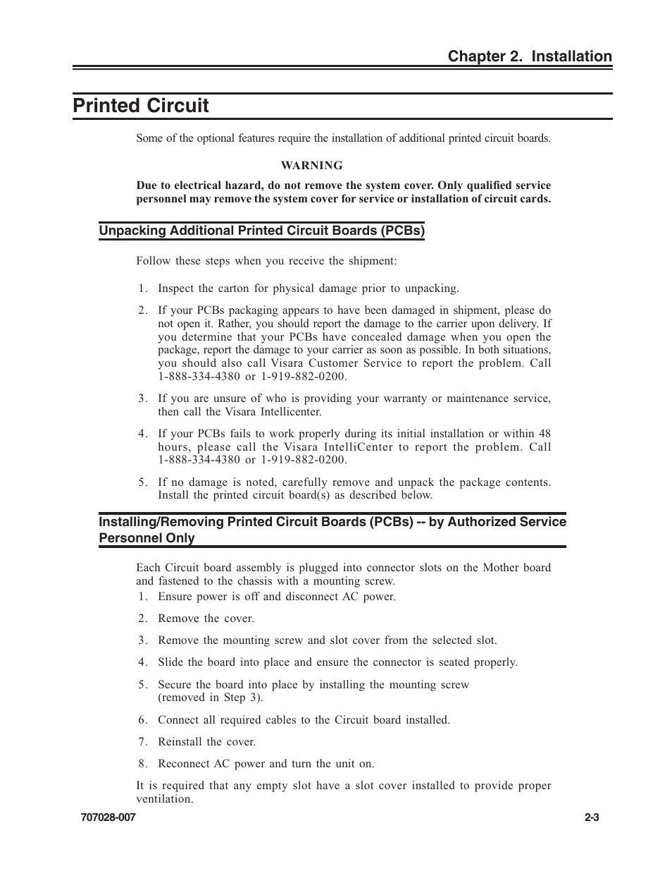 Printed circuit, Unpacking additional printed circuit boards (pcbs), Installing/removing printed circuit boards | Unpacking printed circuit boards, Printed circuit -3, Chapter 2. installation | Visara SCON-25L Reference Manual User Manual | Page 13 / 52