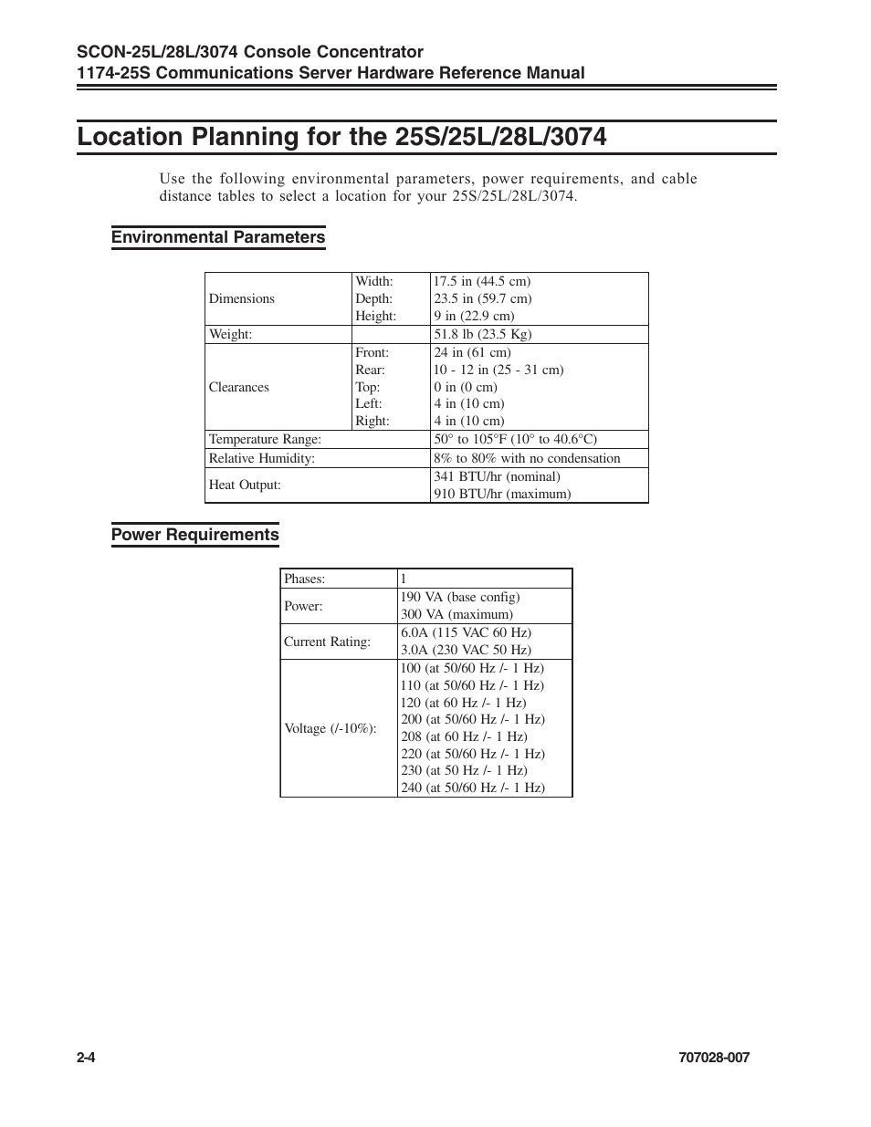Location planning for the 25s/25l/28l/3074, Environmental parameters, Power requirements | Location planning, Location planning for the 25s/25l/28l/3074 -4, Environmental parameters -4 power requirements -4 | Visara SCON-25L Reference Manual User Manual | Page 14 / 52