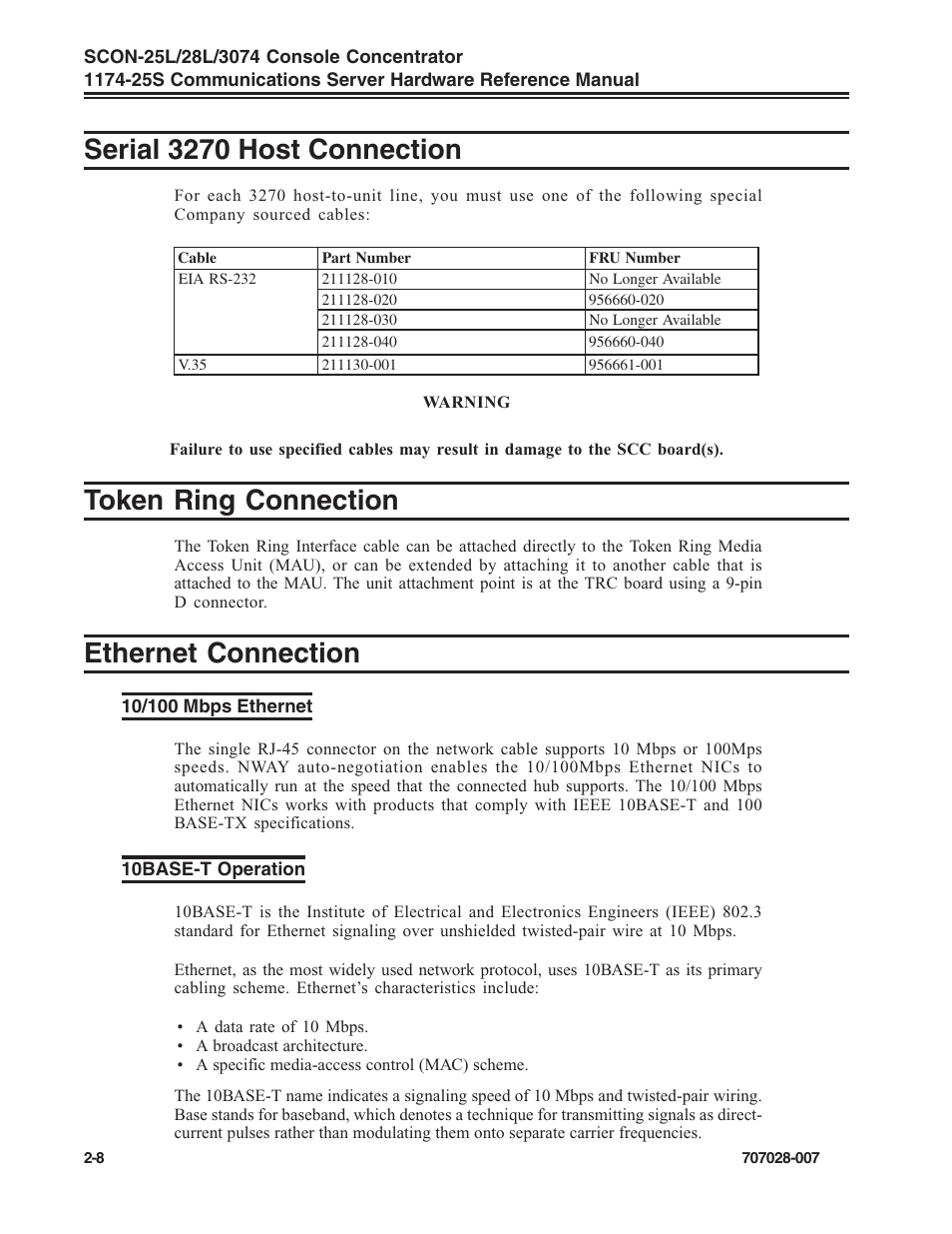 Serial 3270 host connection, Token ring connection, Ethernet connection | 10/100 mbps ethernet, 10base-t operation, 3270 host connection, 10/100 mbps ethernet -8 10base-t operation -8 | Visara SCON-25L Reference Manual User Manual | Page 18 / 52