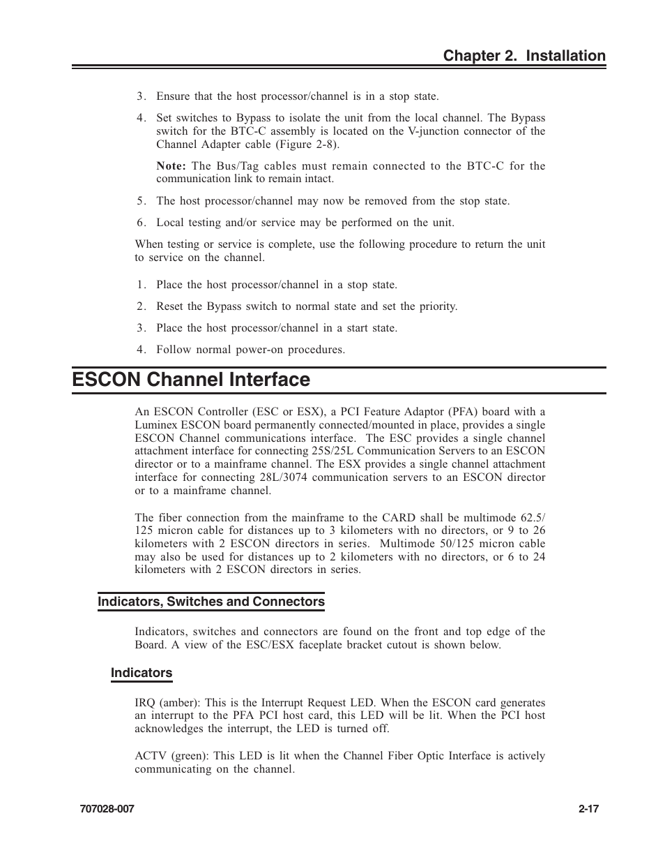 Escon channel interface, Indicators, switches and connectors, Escon channel interface -17 | Indicators, switches and connectors -17 | Visara SCON-25L Reference Manual User Manual | Page 27 / 52