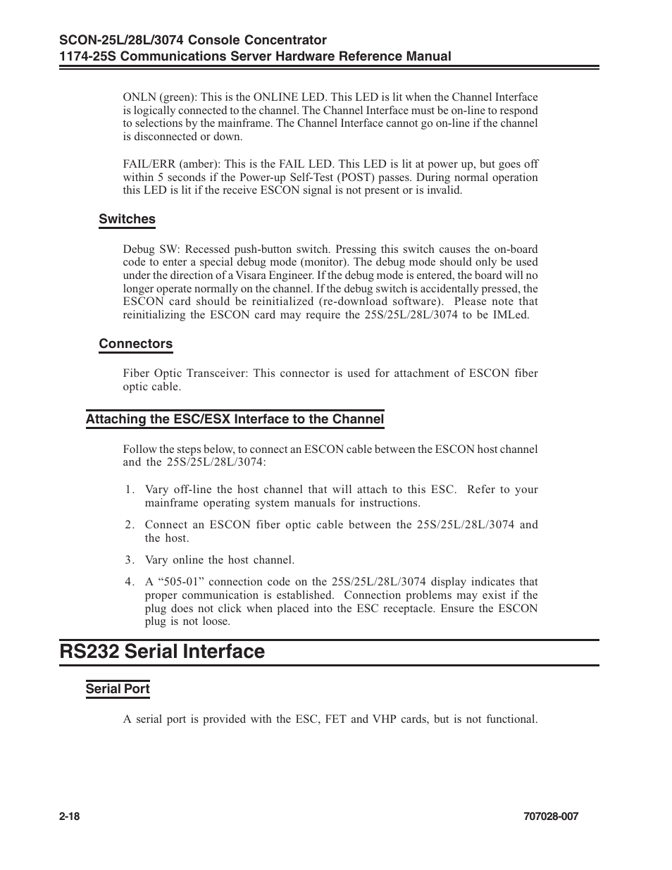 Attaching the esc/esx interface to the channel, Rs232 serial interface, Serial port | Attaching the esc interface to the channel, Attaching the esc/esx interface to the channel -18, Rs232 serial interface -18, Serial port -18 | Visara SCON-25L Reference Manual User Manual | Page 28 / 52
