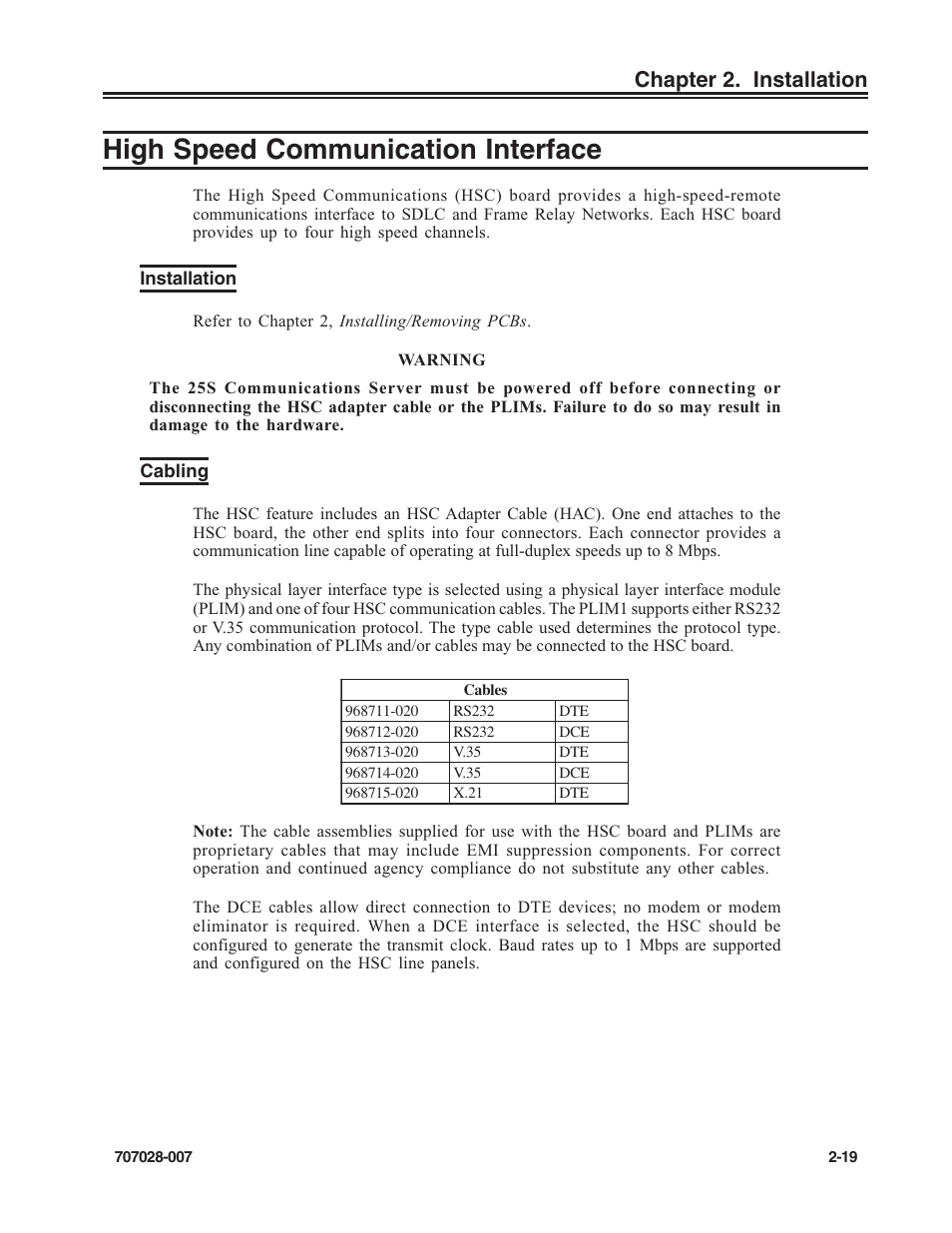 High speed communication interface, Installation, Cabling | High speed communication interface -19, Installation -19 cabling -19, Chapter 2. installation | Visara SCON-25L Reference Manual User Manual | Page 29 / 52
