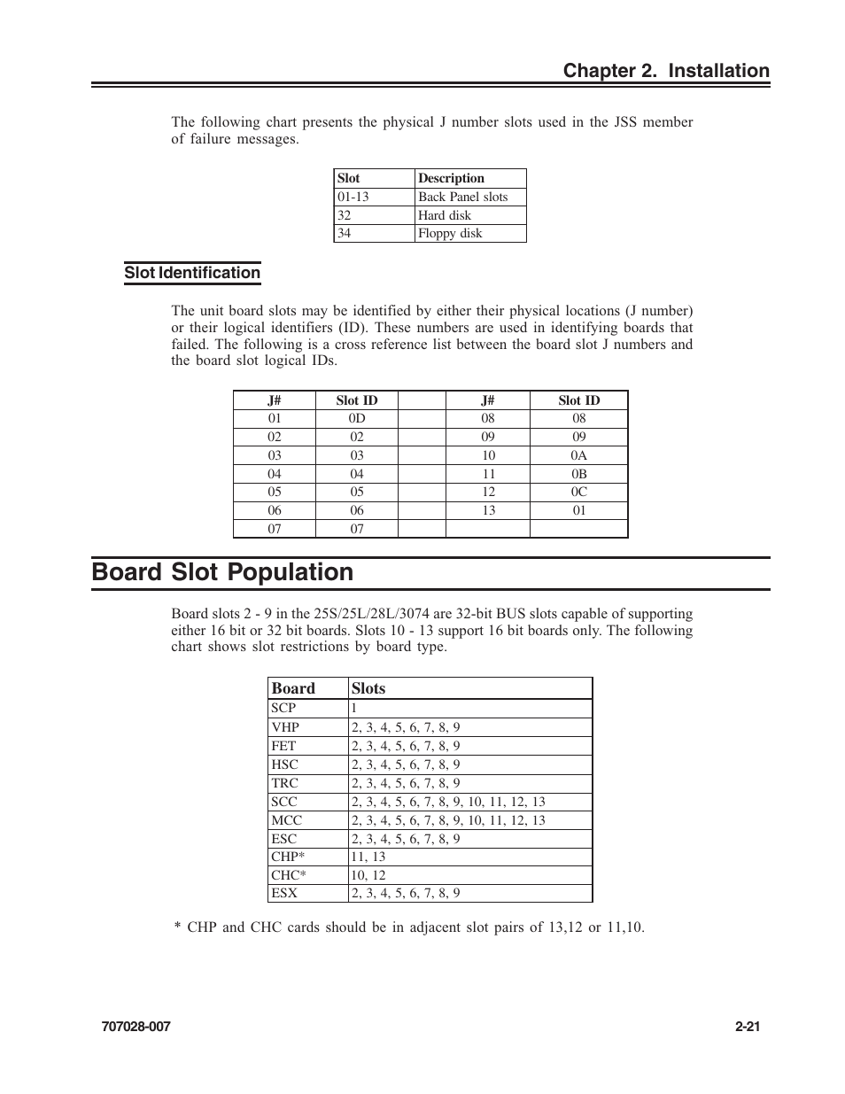Slot identification, Board slot population, Slot identification -21 | Board slot population -21, Chapter 2. installation | Visara SCON-25L Reference Manual User Manual | Page 31 / 52